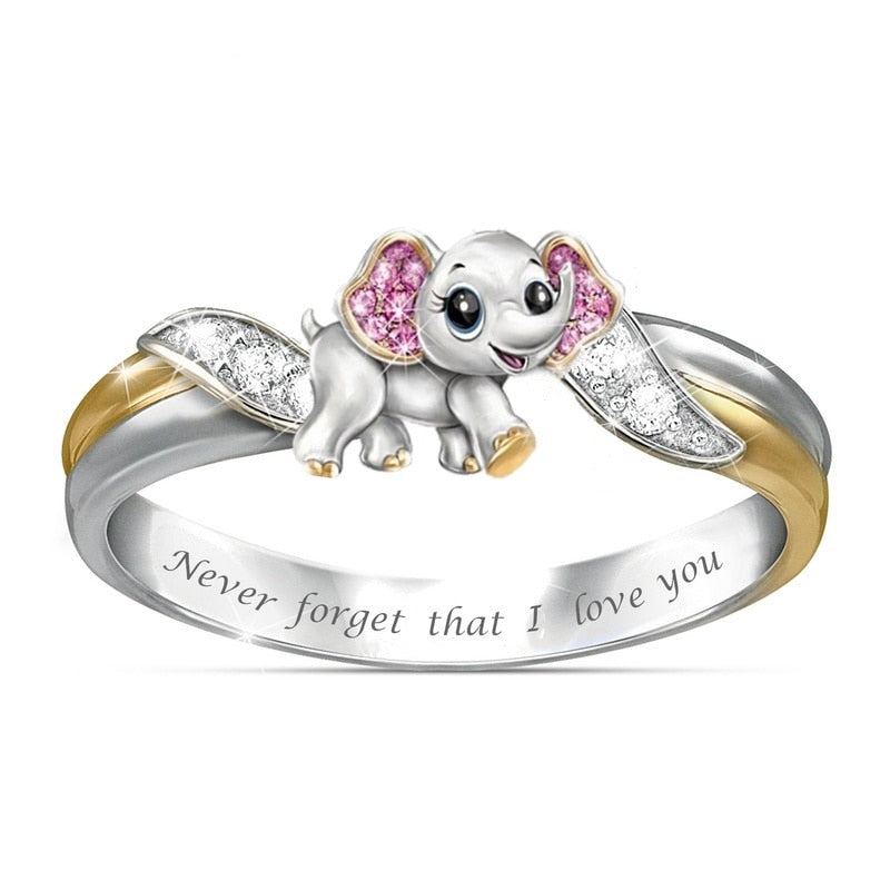 "Never Forget I Love You" Silver Cute Pink Elephant Crystal Ring