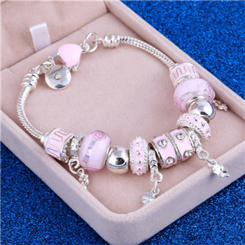 Stylish Pink Crystal Charm Silver Bracelets & Bangles for Women With Fashionable Beads Silver Bracelet Jewelry